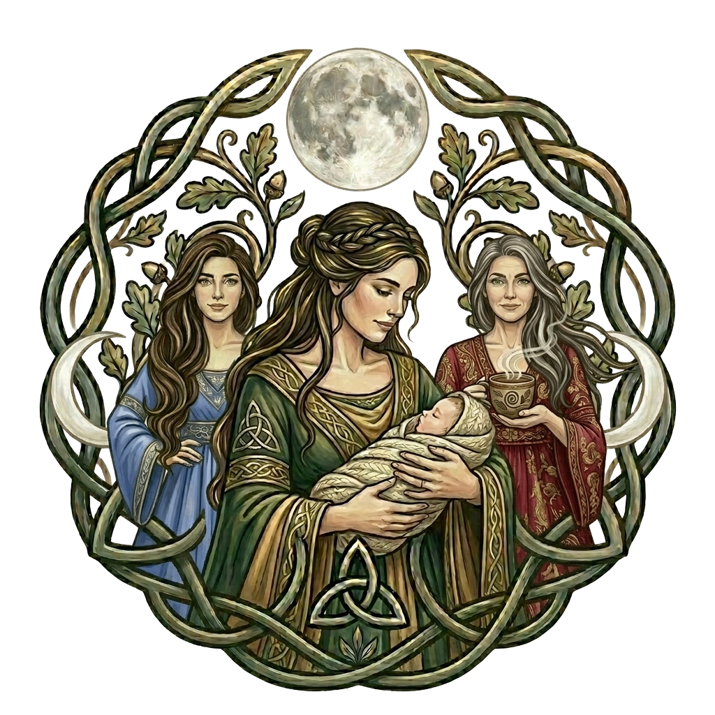 Third Moon emblem — three women circled in Celtic vines beneath the moon
